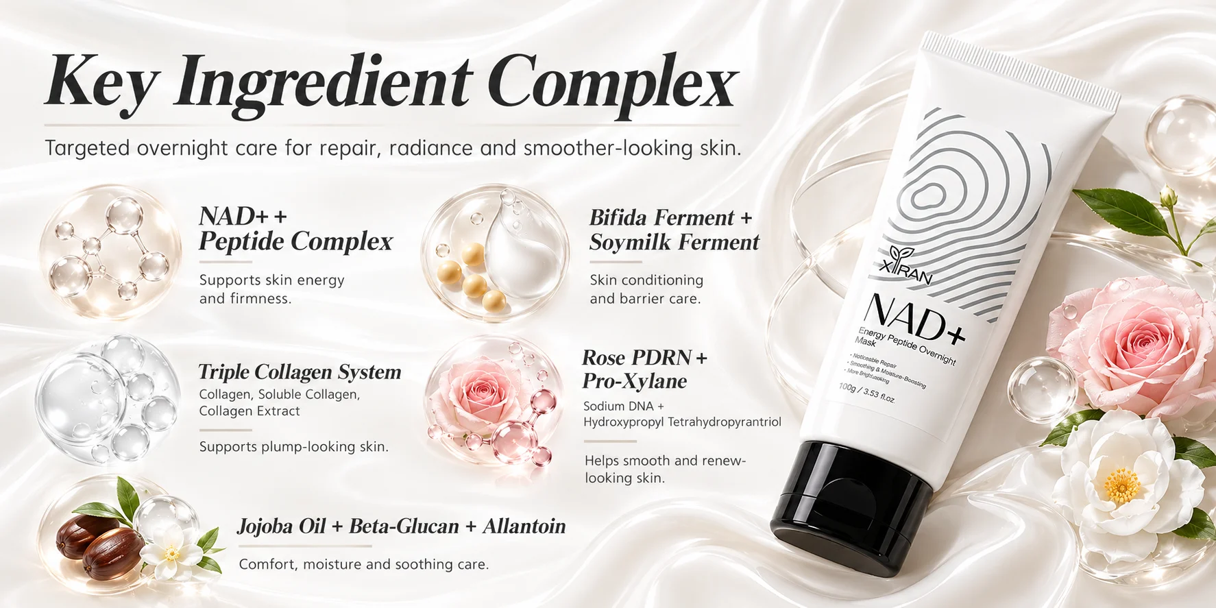 Skincare product with key ingredients including NAD+, peptide complex, collagen, and jojoba oil, depicted with visual elements and flowers.